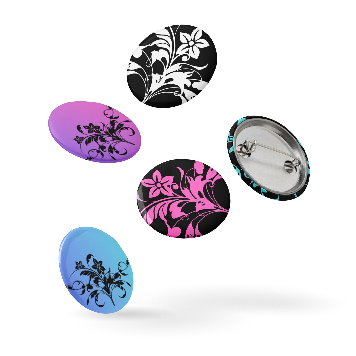 Floral Filigree Bouquet Design Pin Button Set of 5 (1.25″) Pink Blue Green