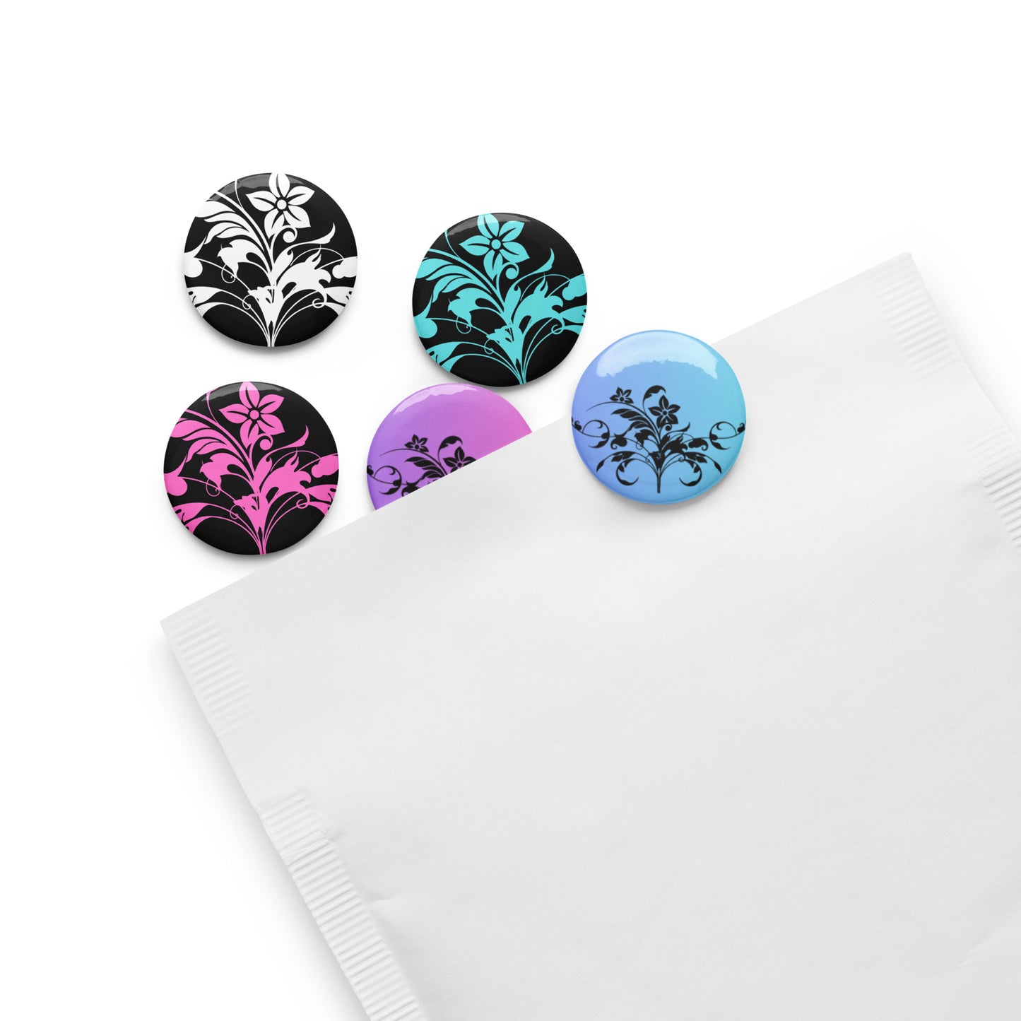 Floral Filigree Bouquet Design Pin Button Set of 5 (1.25″) Pink Blue Green