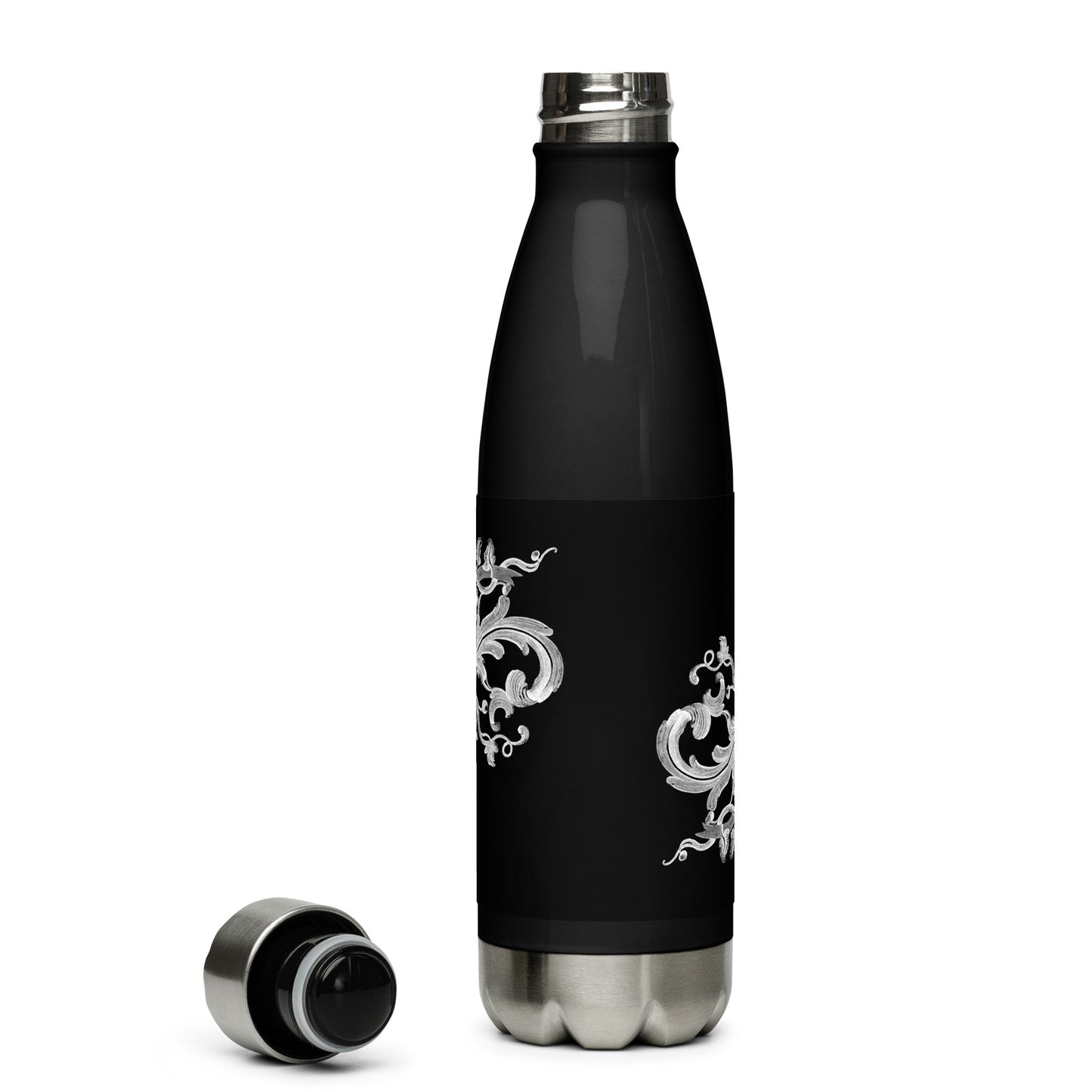 Art Nouveau Filigree White Black Stainless Steel Water Bottle