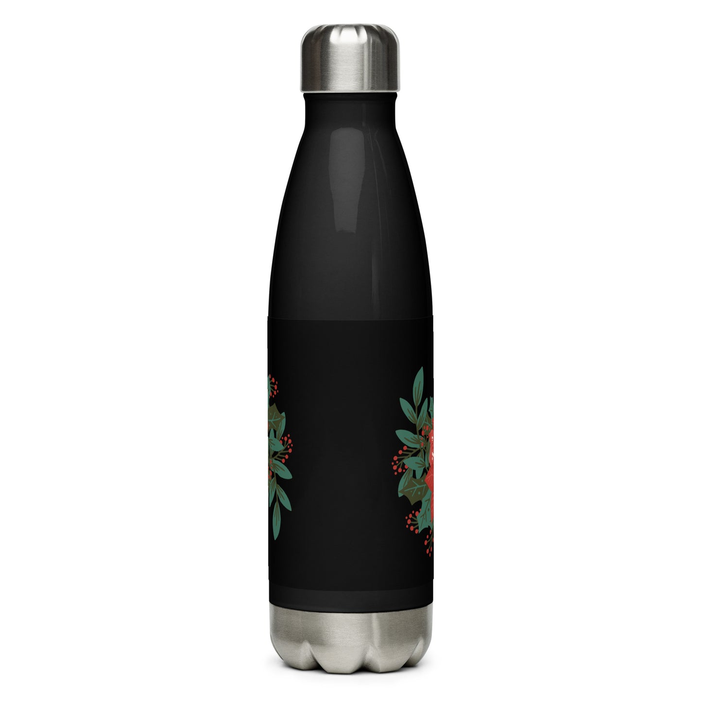 Large Poinsettia Holly Berry Black Stainless Steel Water Bottle