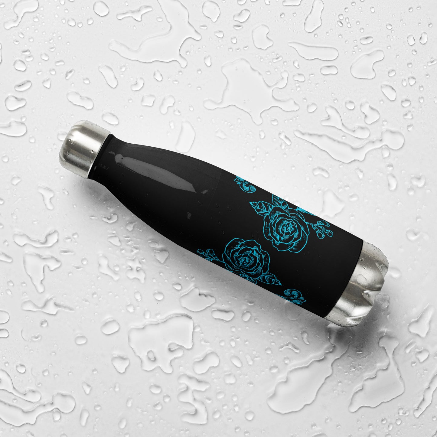 Blue Flower Filigree Black Stainless Steel Water Bottle