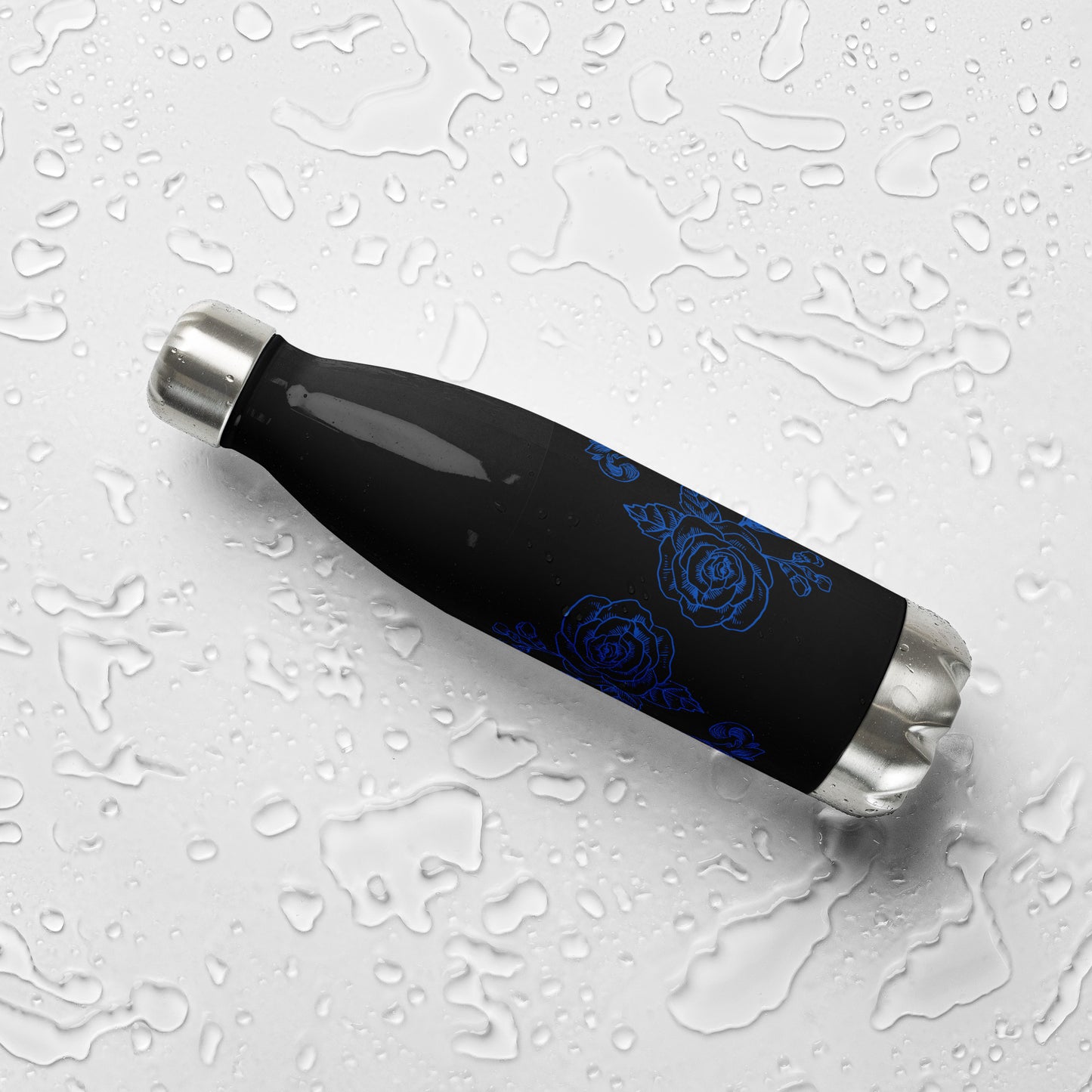 Deep Blue Flower Filigree Black Stainless Steel Water Bottle