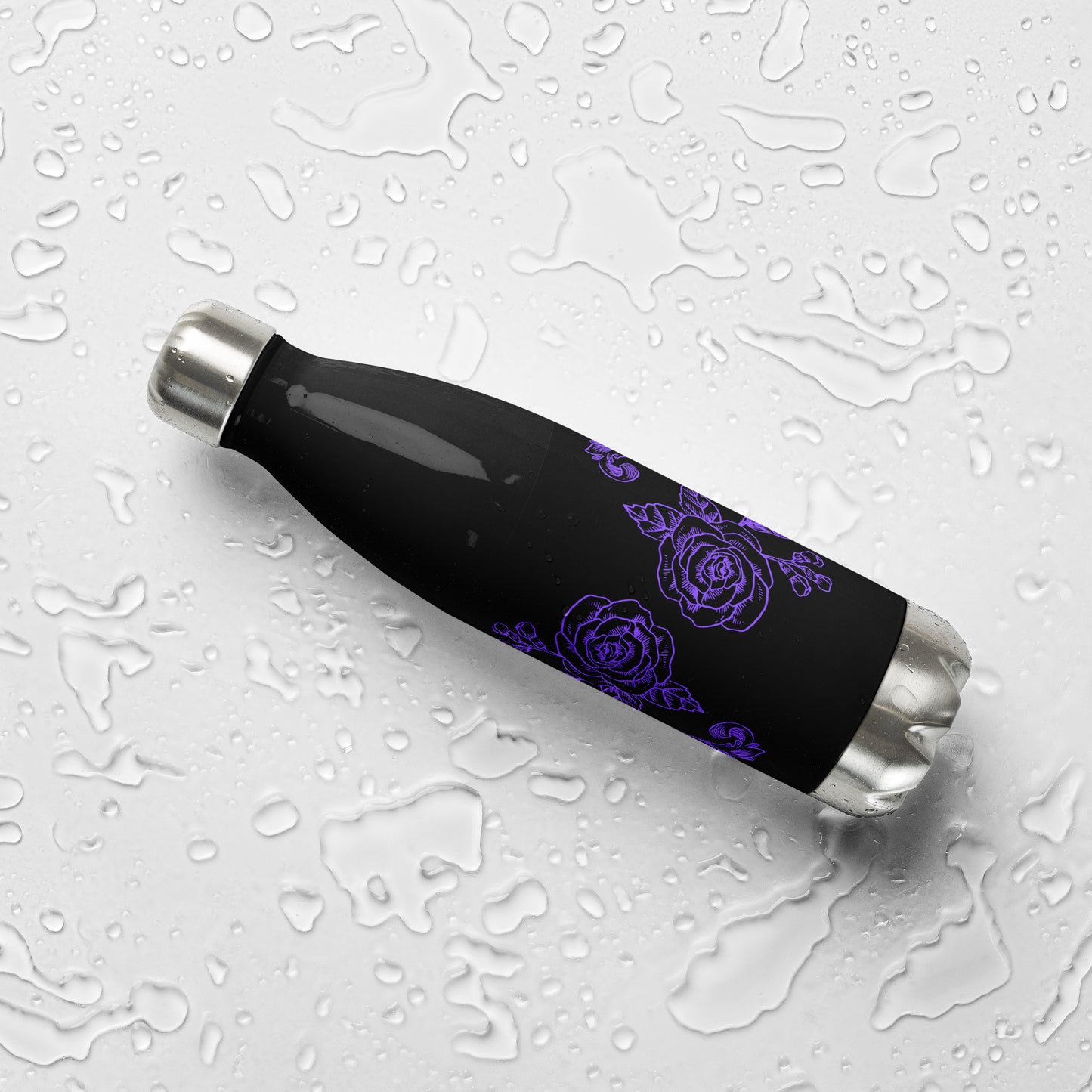 Purple Flower Filigree Black Stainless Steel Water Bottle