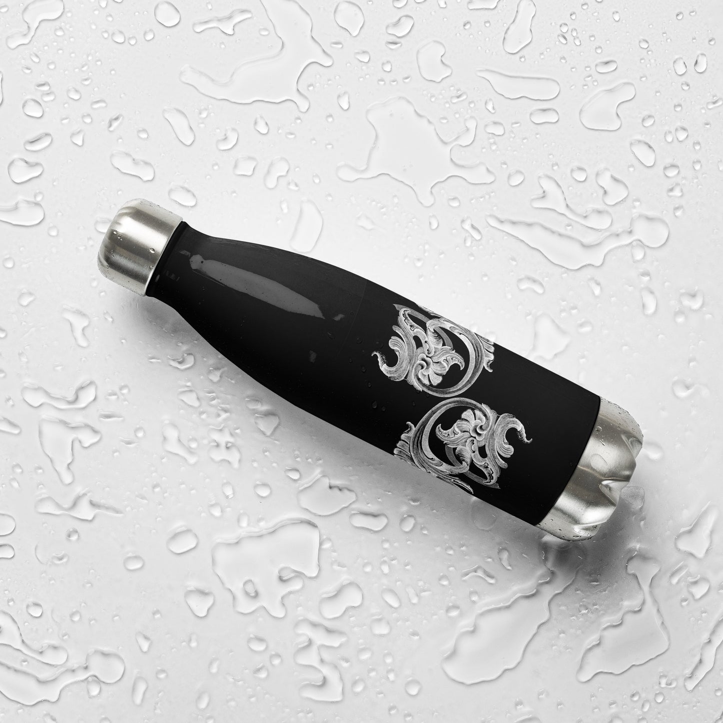 Art Nouveau Filigree White Black Stainless Steel Water Bottle