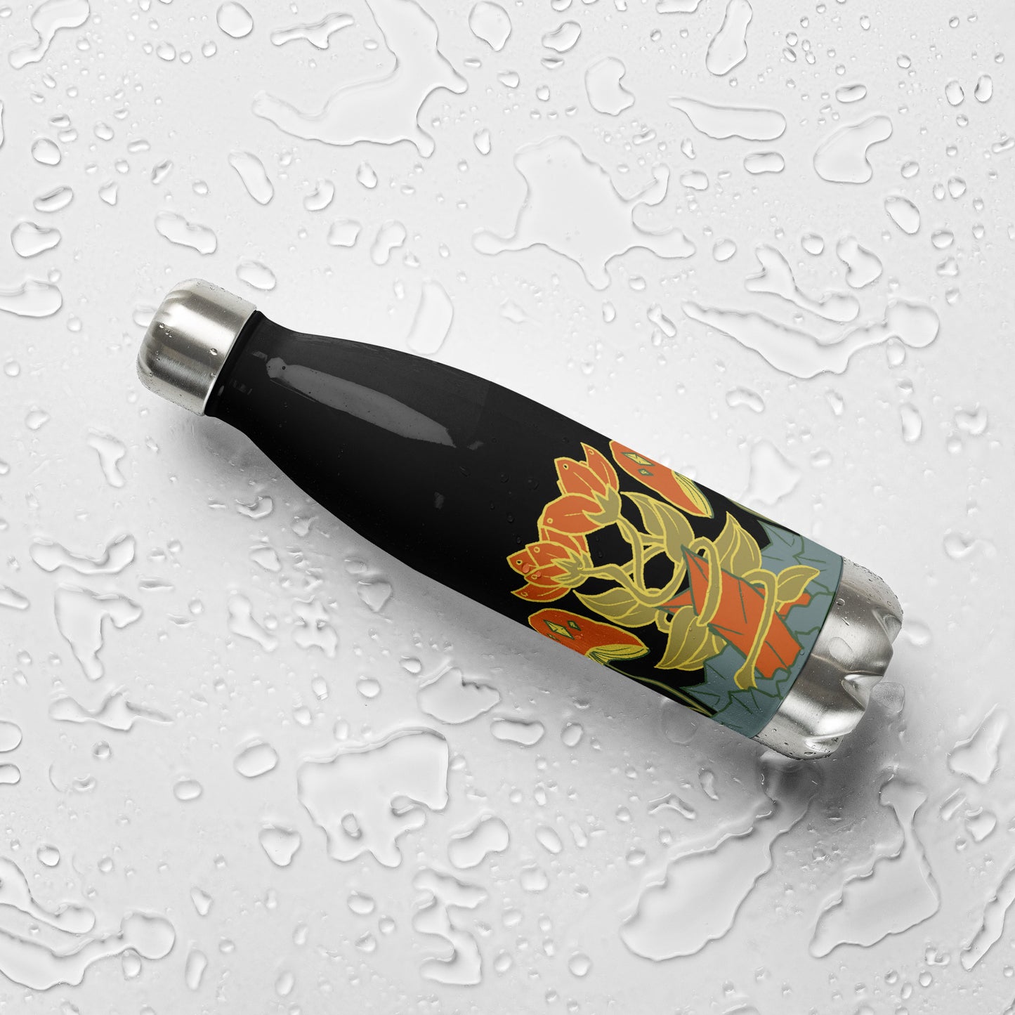 Retro Style Mushrooms Flowers Crystal Black Stainless Steel Water Bottle