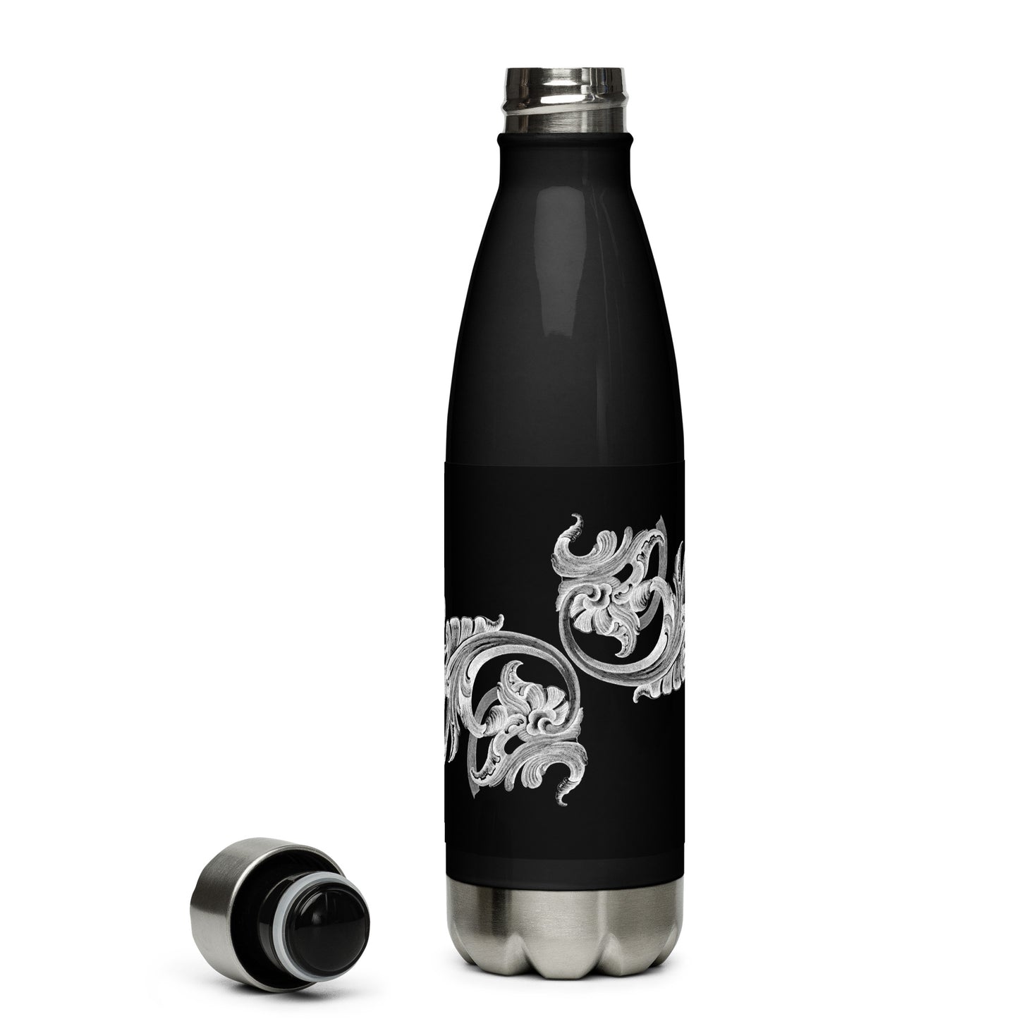 Art Nouveau Filigree White Black Stainless Steel Water Bottle