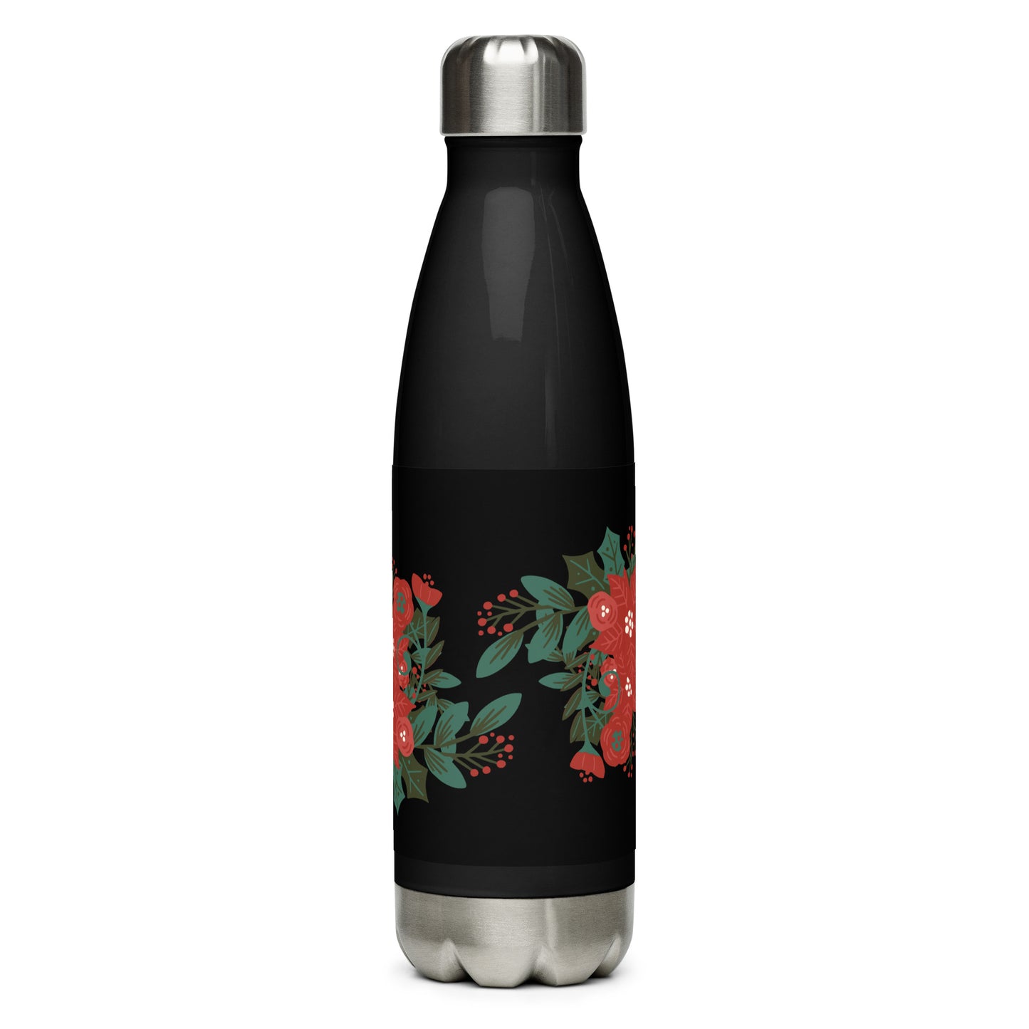 Large Poinsettia Holly Berry Black Stainless Steel Water Bottle