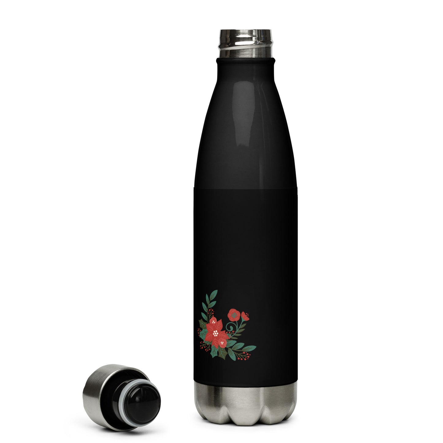 Small Poinsettia Holly Berry Black Stainless Steel Water Bottle