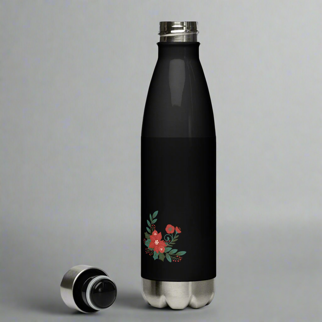 Small Poinsettia Holly Berry Black Stainless Steel Water Bottle