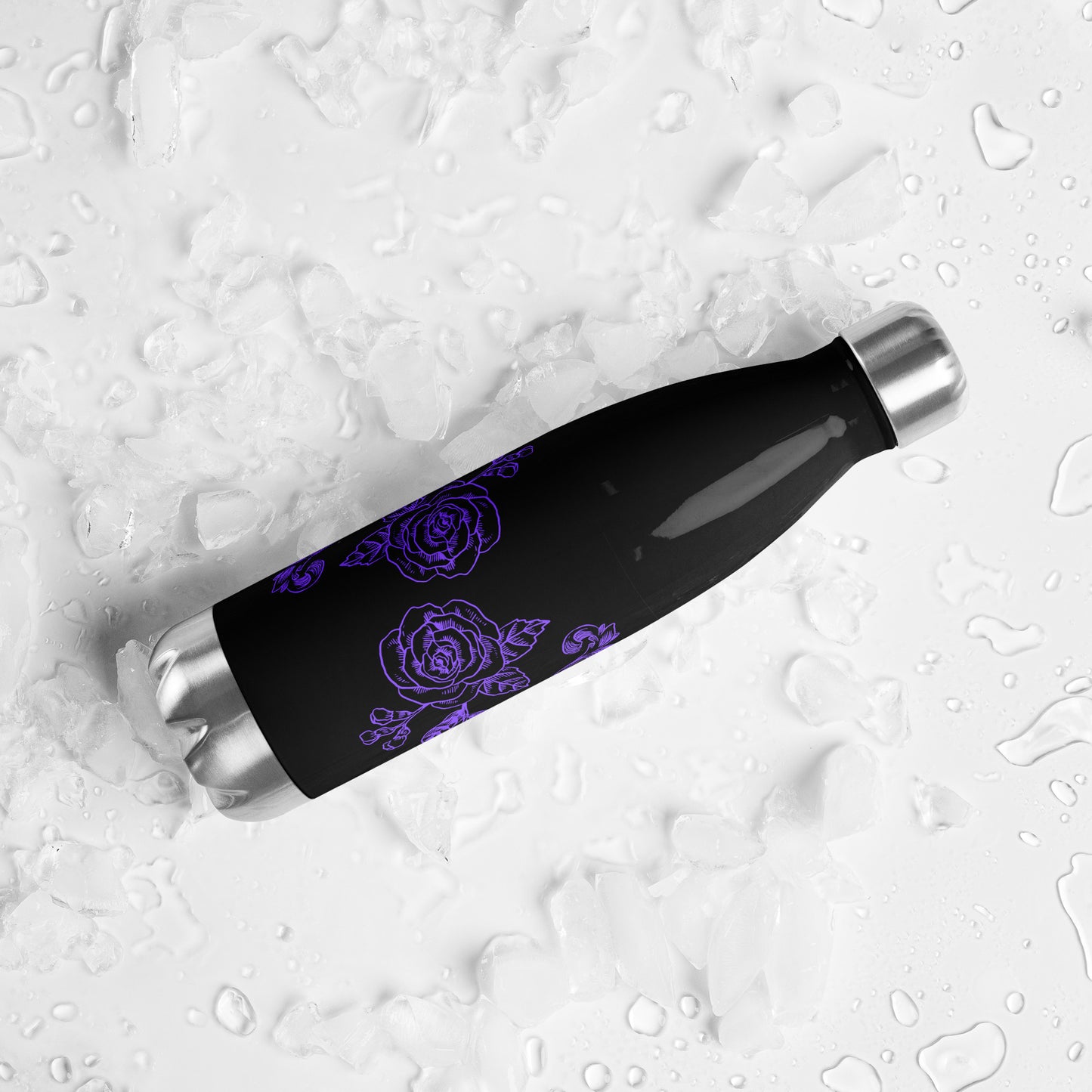 Purple Flower Filigree Black Stainless Steel Water Bottle