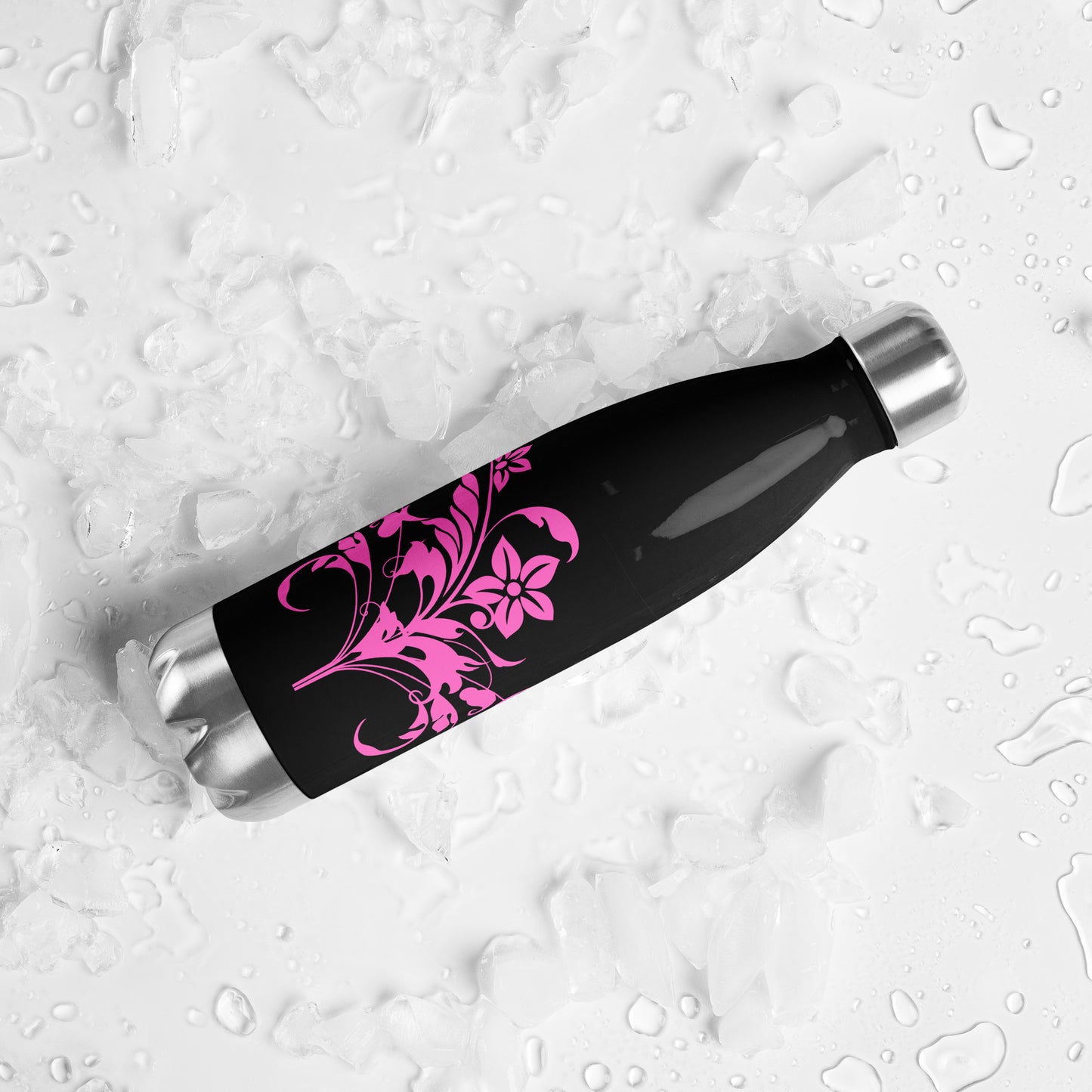 Pink Floral Filigree Bouquet Black Stainless Steel Water Bottle