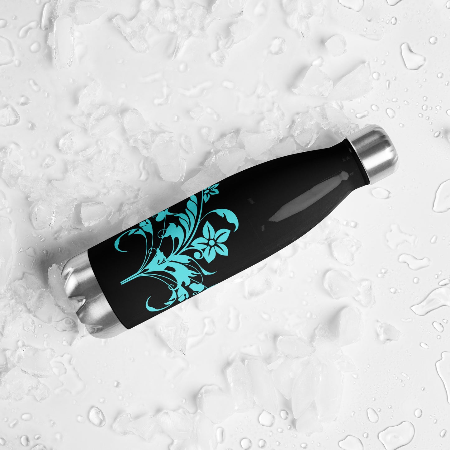 Blue Floral Filigree Bouquet Black Stainless Steel Water Bottle