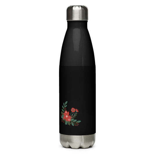 Small Poinsettia Holly Berry Black Stainless Steel Water Bottle