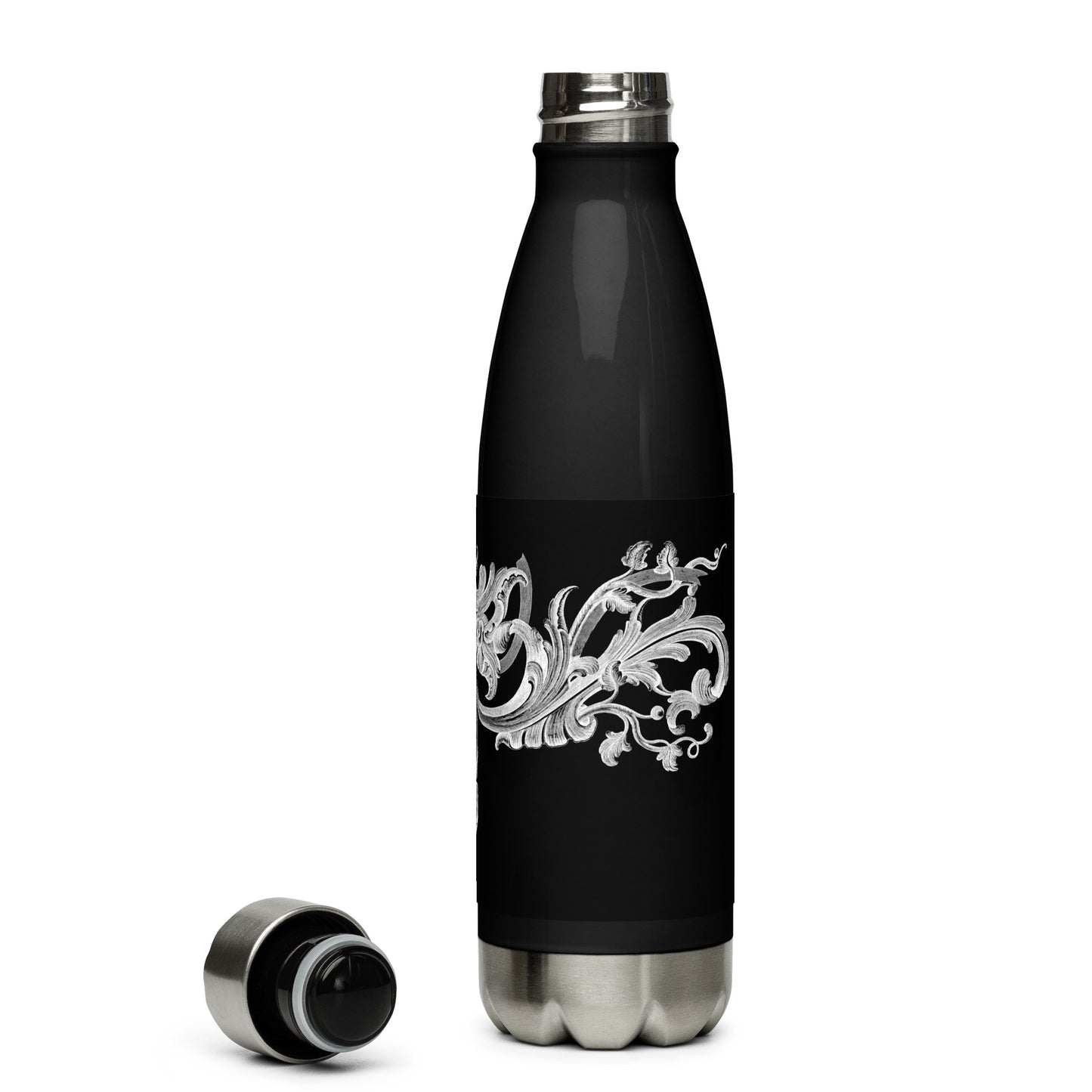 Art Nouveau Filigree White Black Stainless Steel Water Bottle