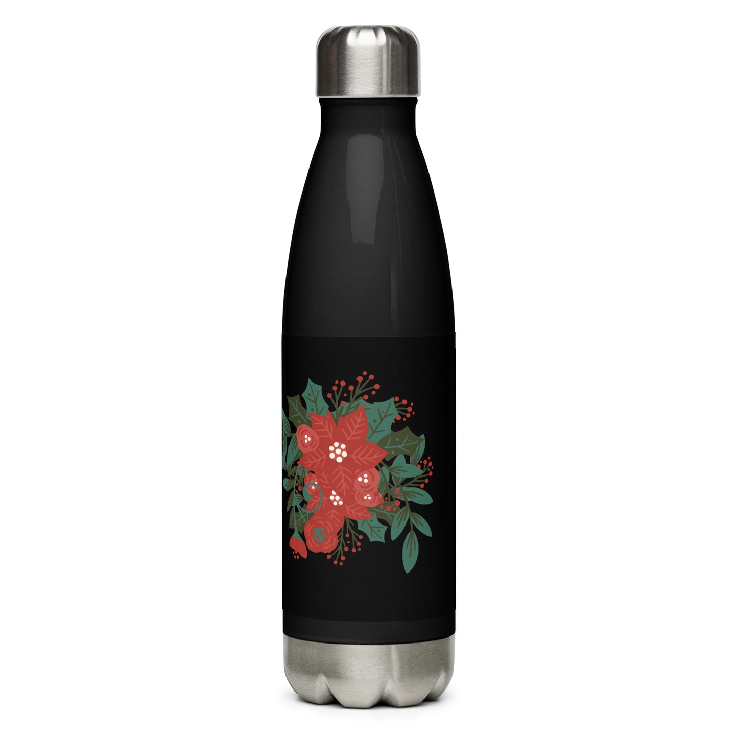 Large Poinsettia Holly Berry Black Stainless Steel Water Bottle