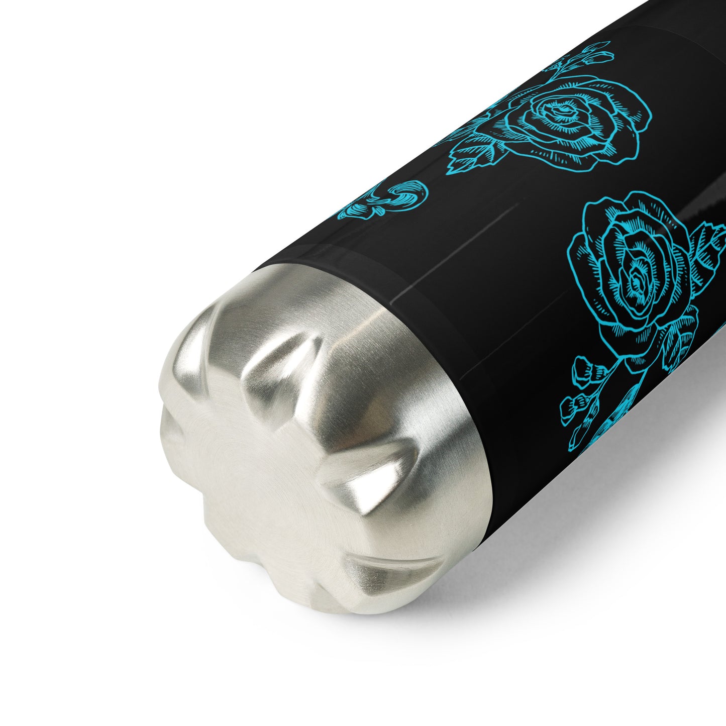 Blue Flower Filigree Black Stainless Steel Water Bottle