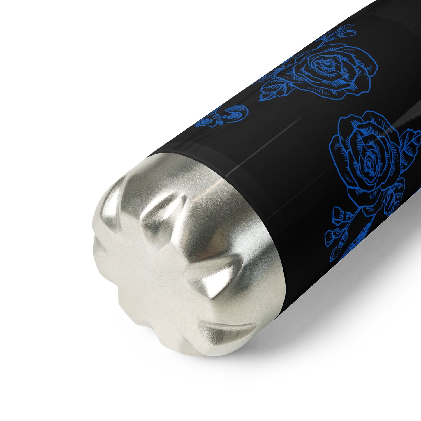 Deep Blue Flower Filigree Black Stainless Steel Water Bottle