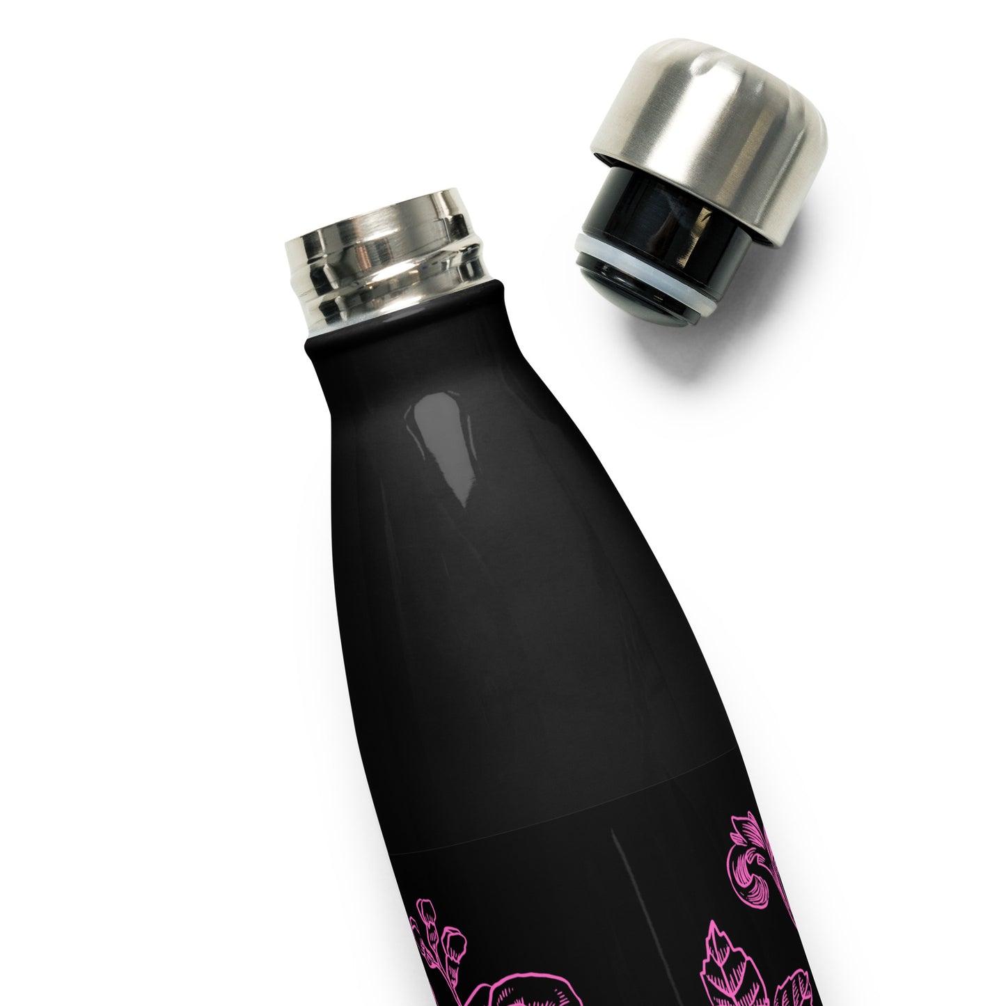 Pink Flower Filigree Black Stainless Steel Water Bottle