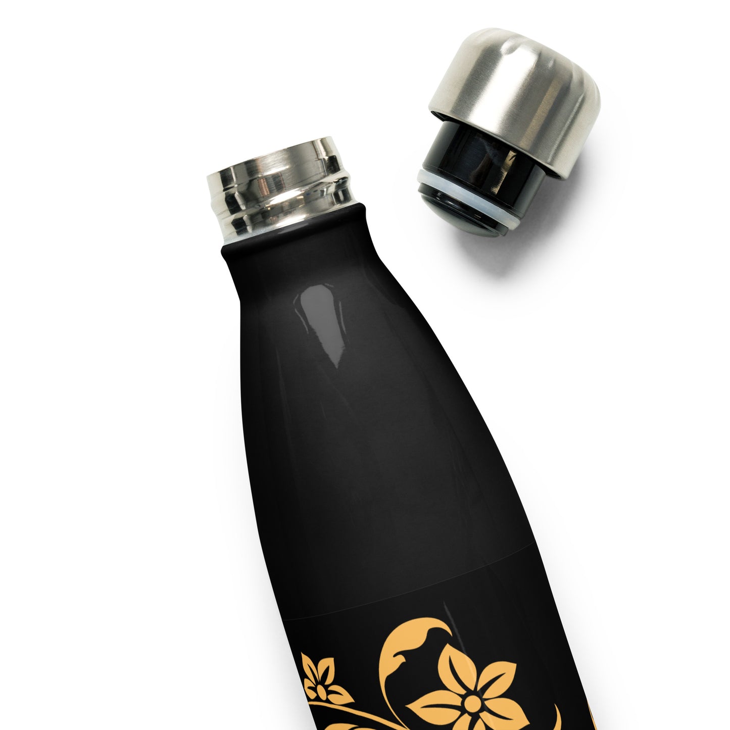 Orange Floral Filigree Bouquet Black Stainless Steel Water Bottle