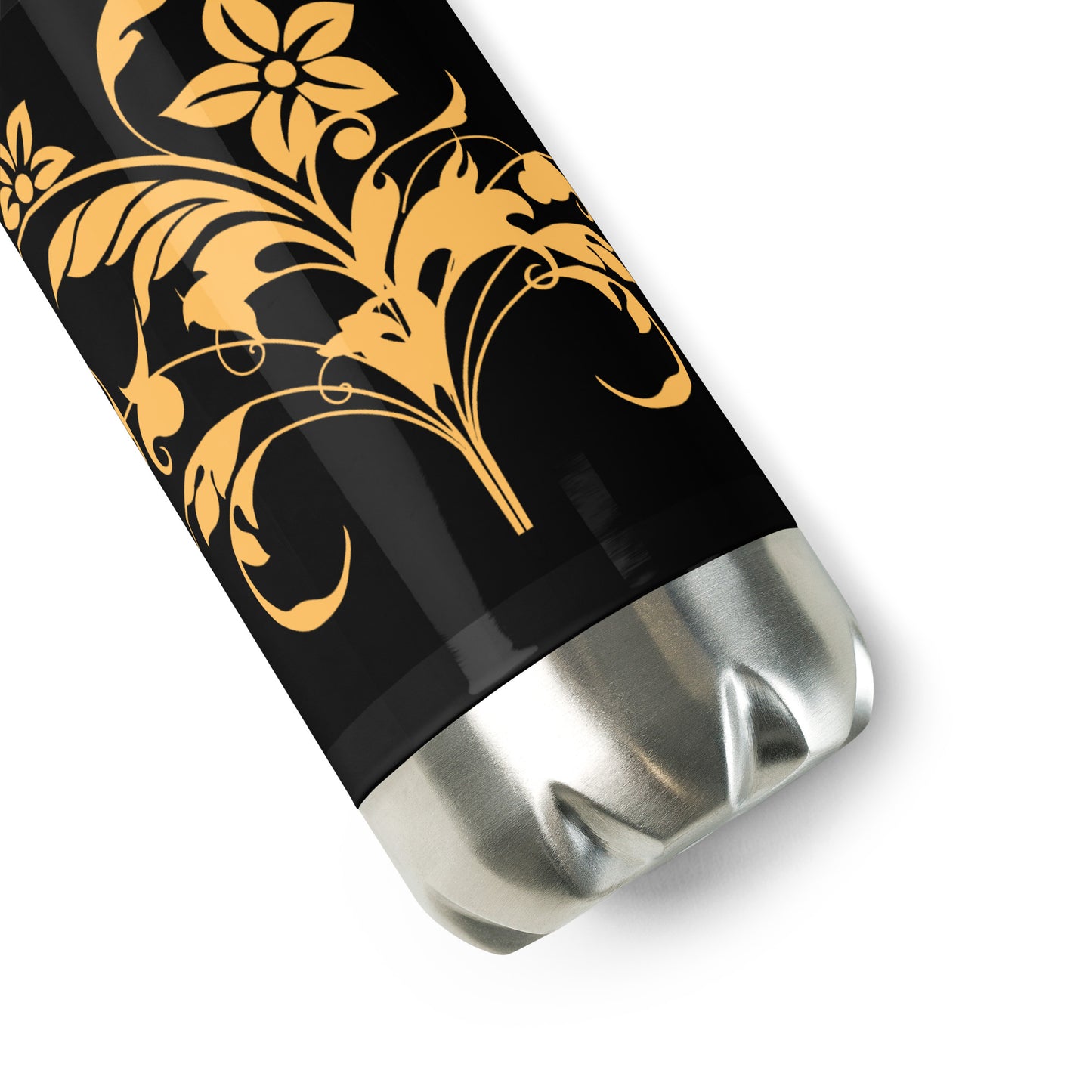 Orange Floral Filigree Bouquet Black Stainless Steel Water Bottle