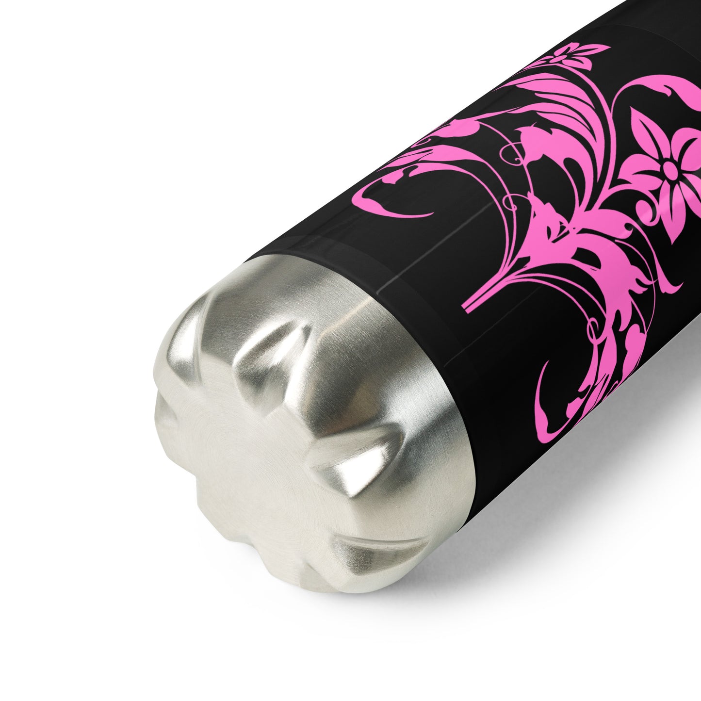 Pink Floral Filigree Bouquet Black Stainless Steel Water Bottle