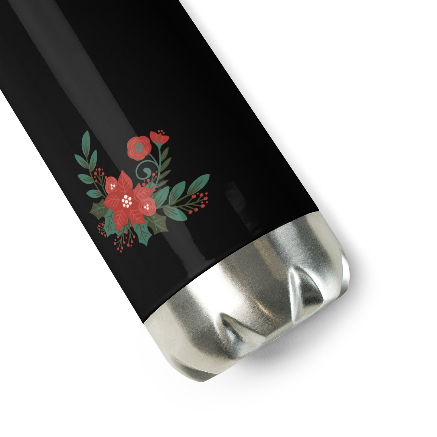 Small Poinsettia Holly Berry Black Stainless Steel Water Bottle