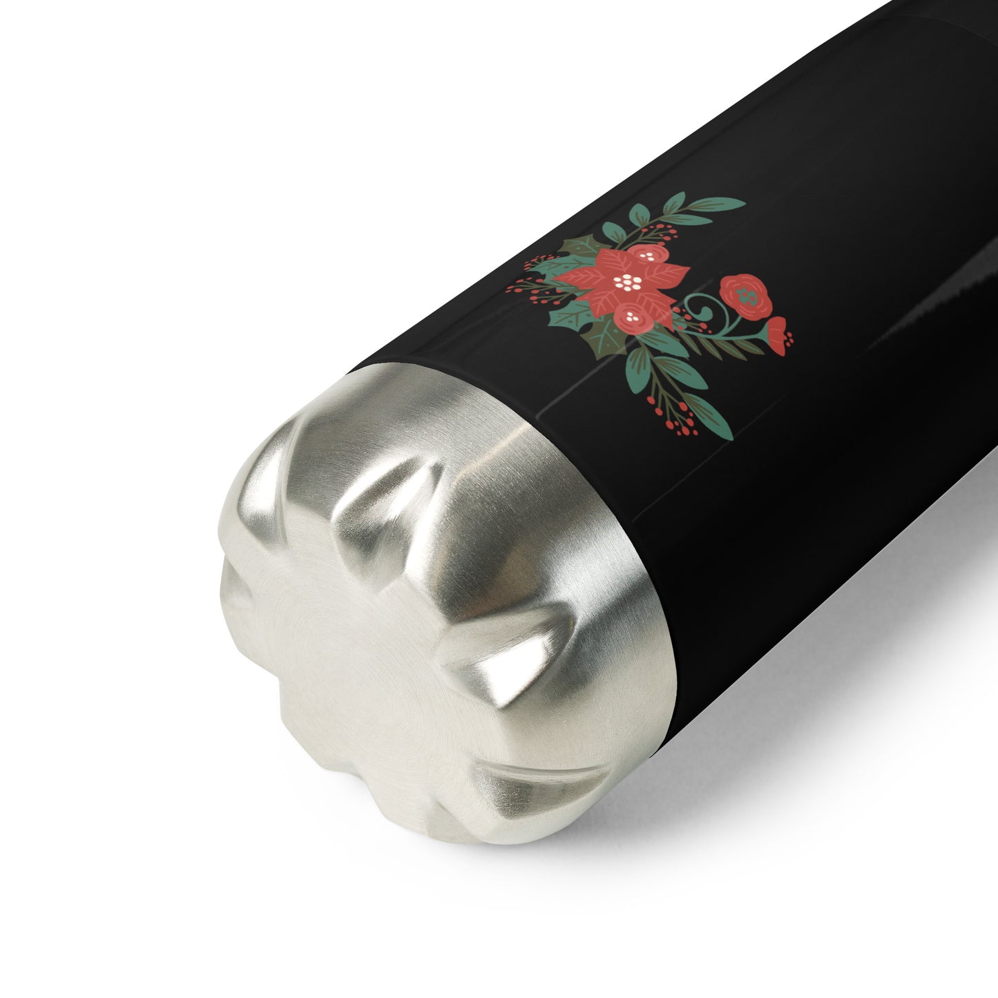 Small Poinsettia Holly Berry Black Stainless Steel Water Bottle