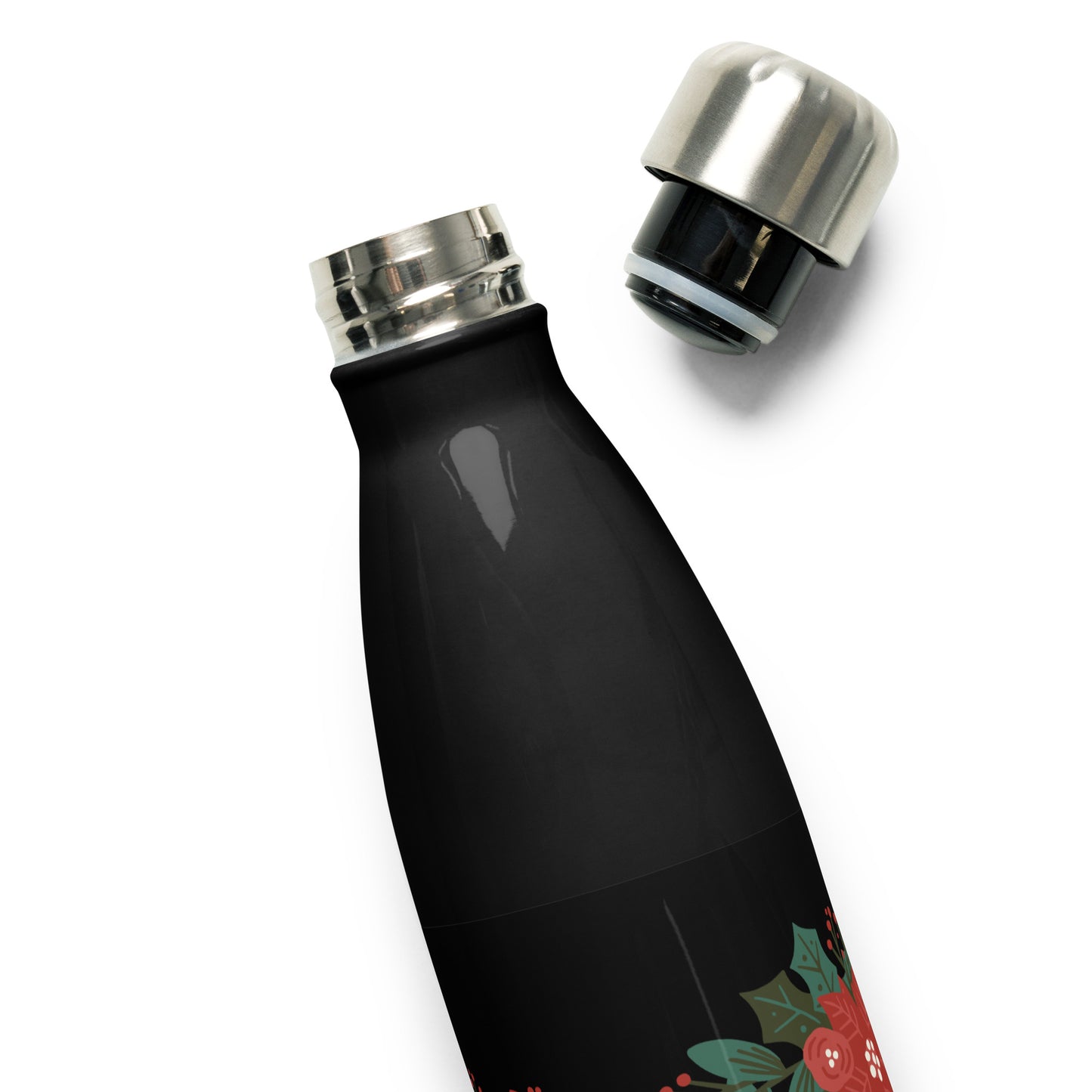 Large Poinsettia Holly Berry Black Stainless Steel Water Bottle