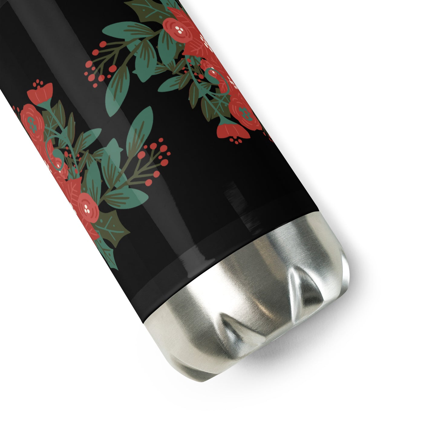 Large Poinsettia Holly Berry Black Stainless Steel Water Bottle