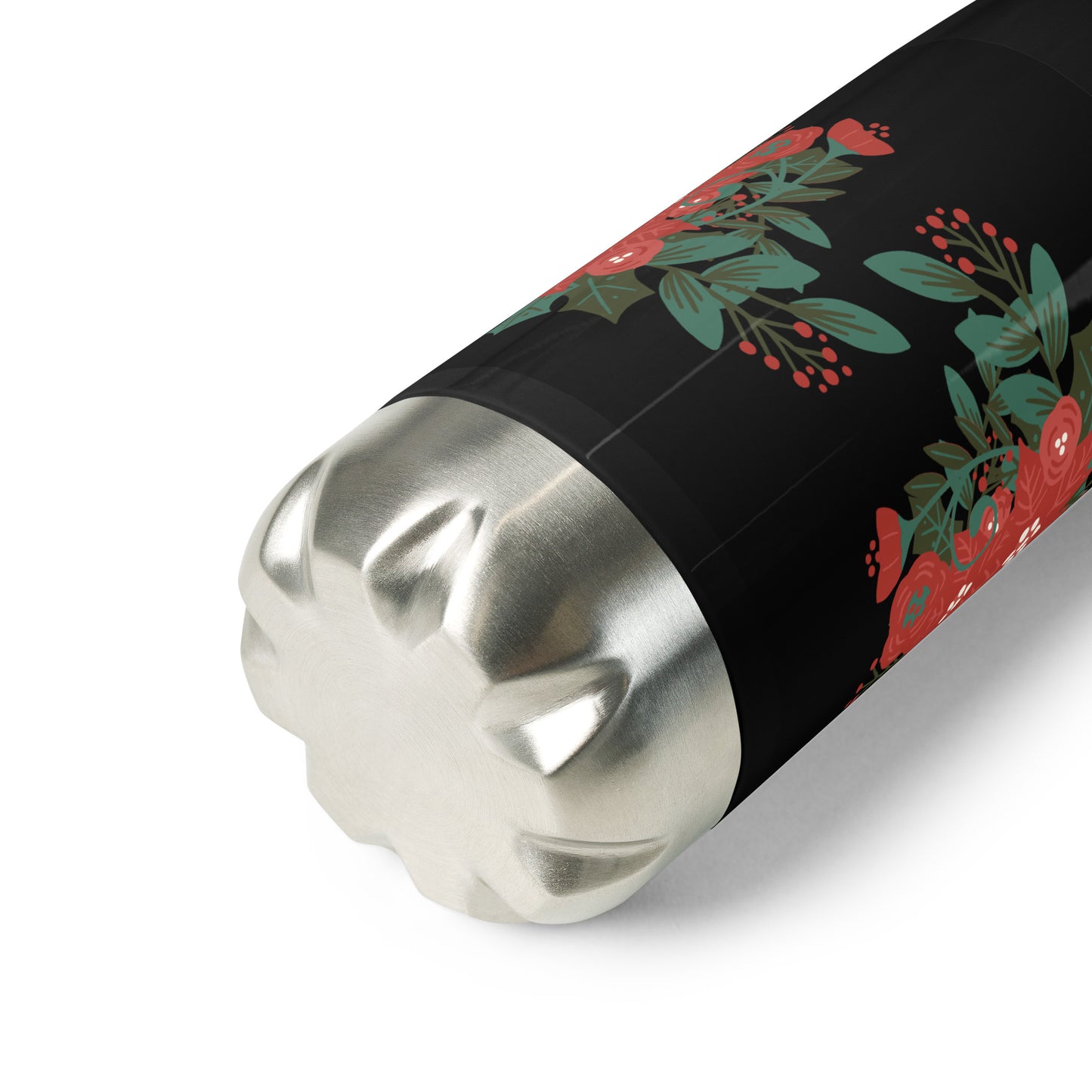 Large Poinsettia Holly Berry Black Stainless Steel Water Bottle