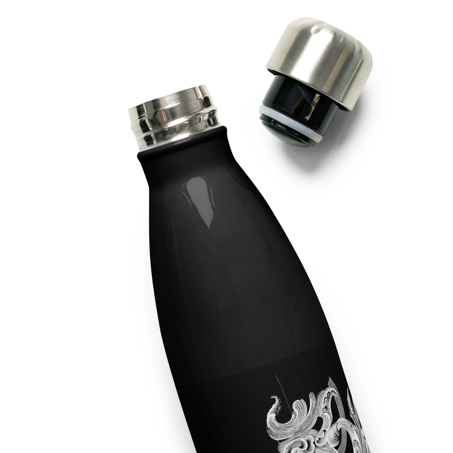 Art Nouveau Filigree White Black Stainless Steel Water Bottle