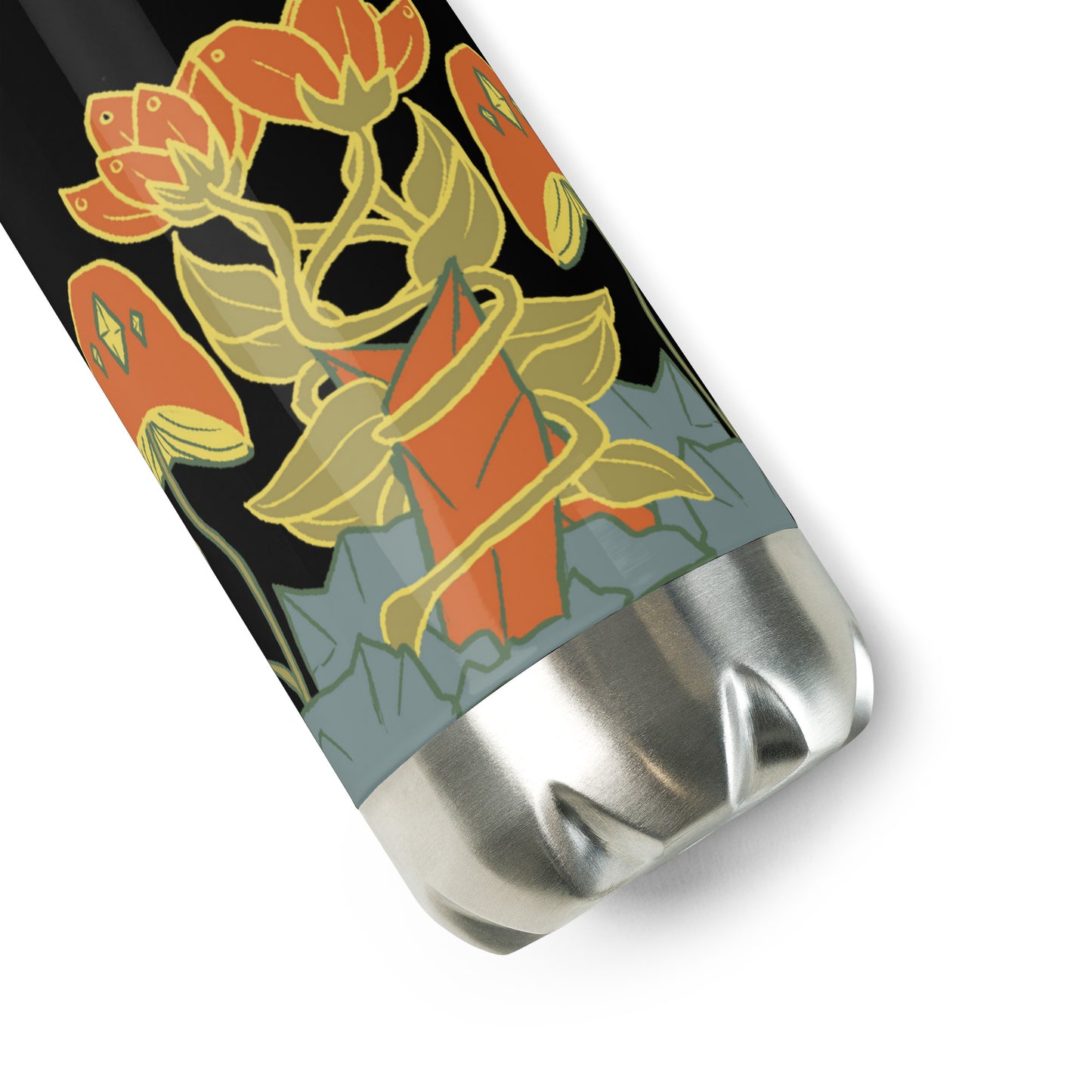 Retro Style Mushrooms Flowers Crystal Black Stainless Steel Water Bottle