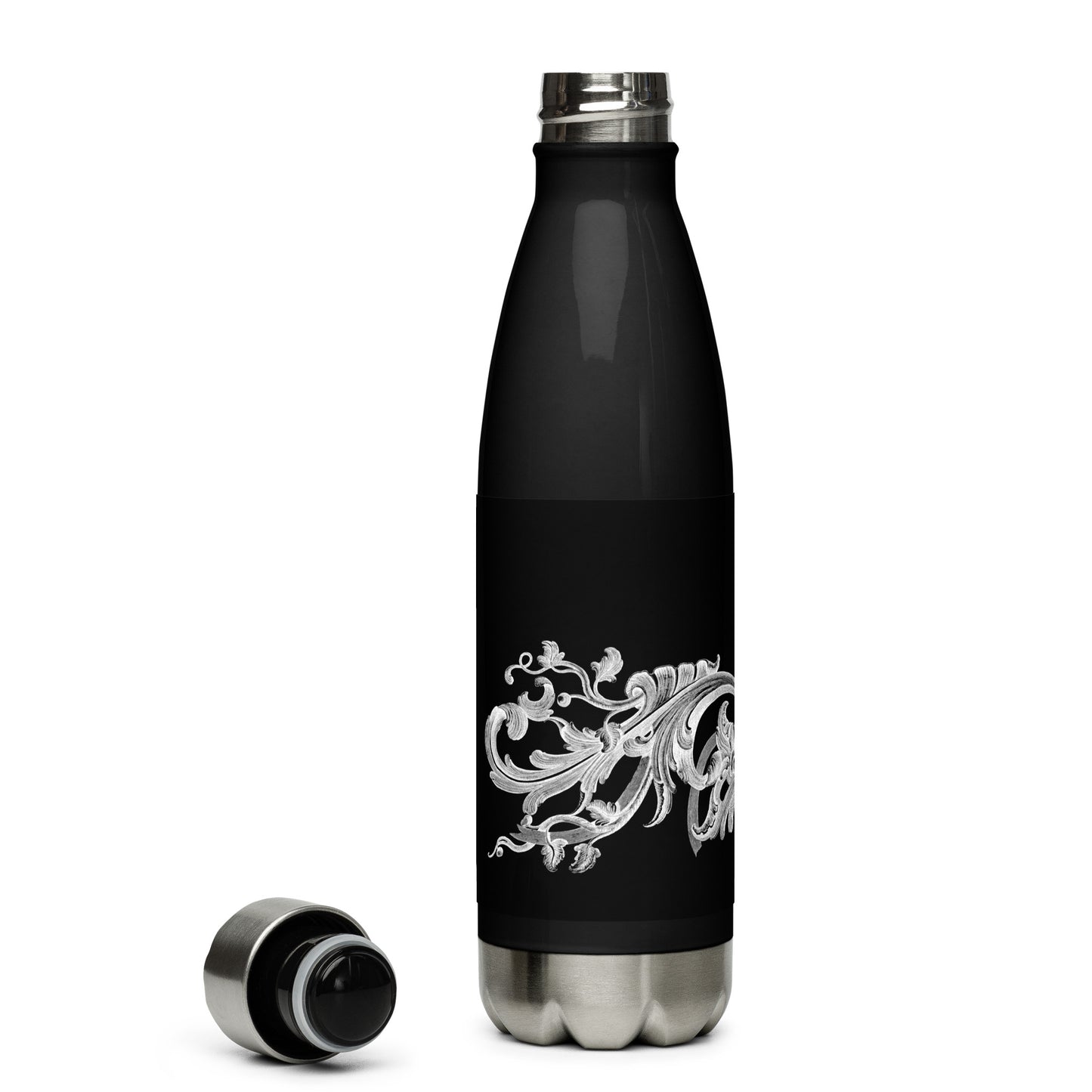 Art Nouveau Filigree White Black Stainless Steel Water Bottle