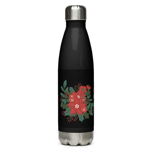 Large Poinsettia Holly Berry Black Stainless Steel Water Bottle