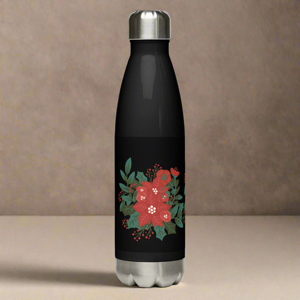 Large Poinsettia Holly Berry Black Stainless Steel Water Bottle