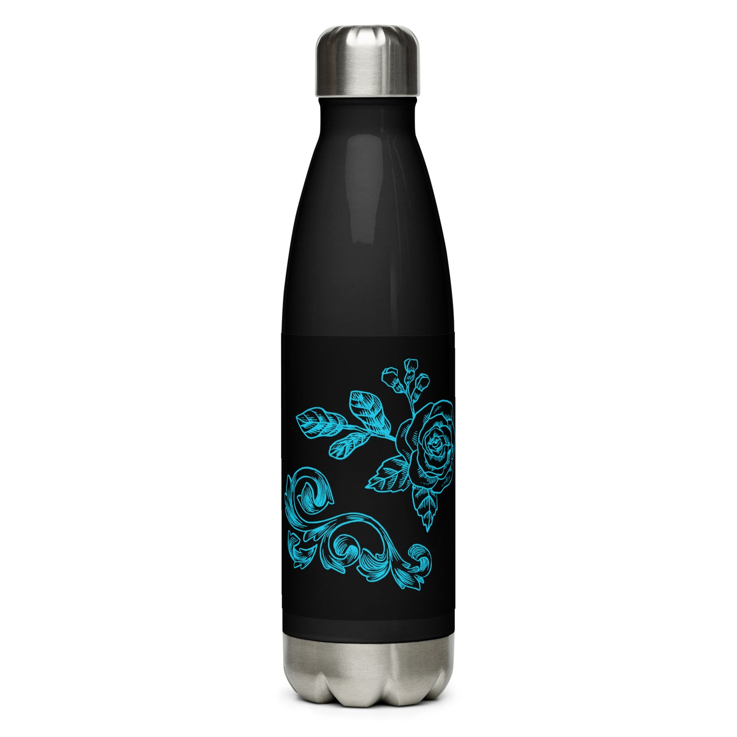 Blue Flower Filigree Black Stainless Steel Water Bottle