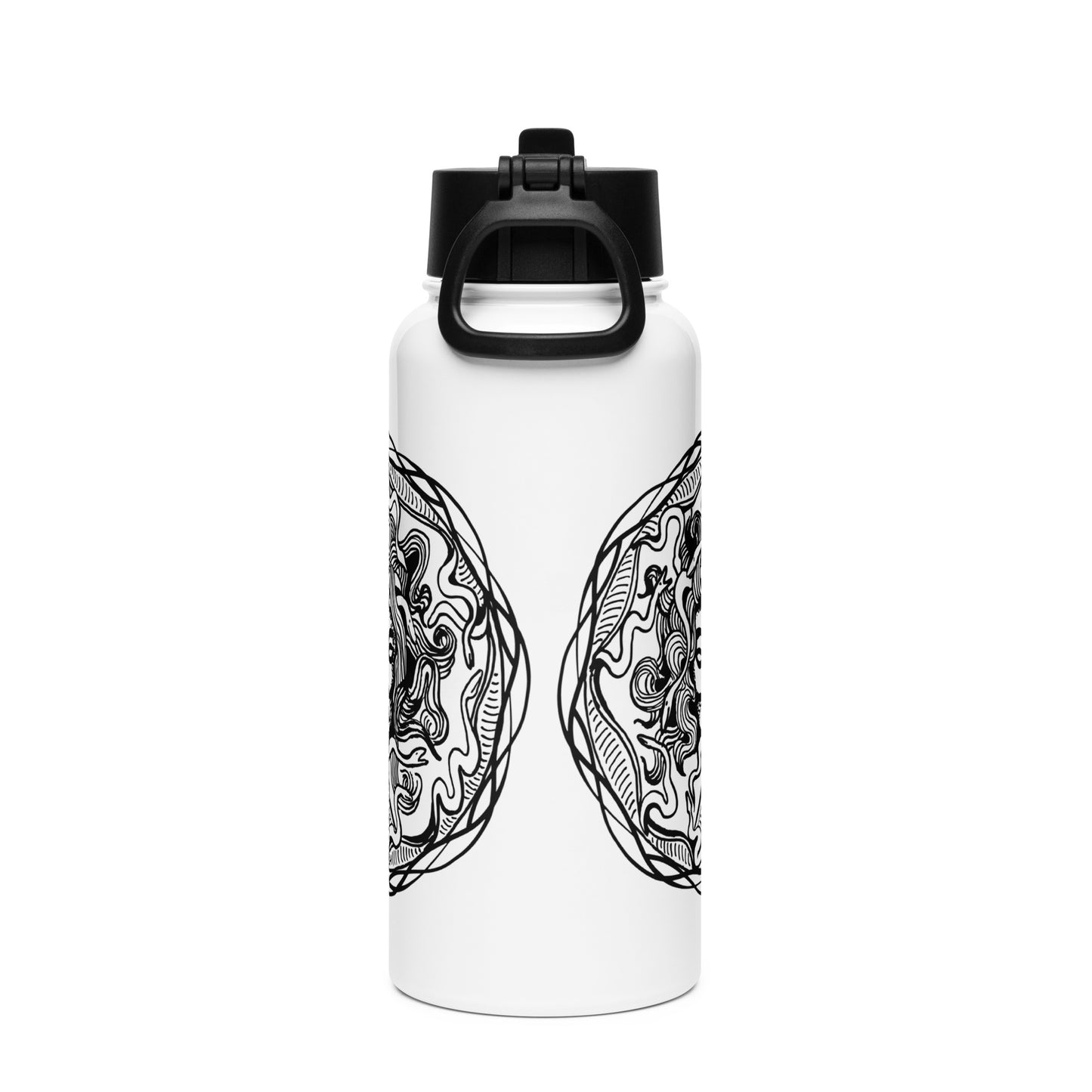 Medusa Circle Emblem Design Black Design White Stainless Steel Water Bottle with a Straw Lid 32 oz
