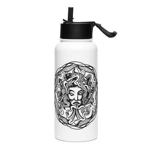 Medusa Circle Emblem Design Black Design White Stainless Steel Water Bottle with a Straw Lid 32 oz