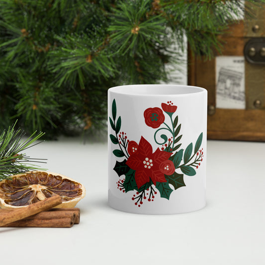 Poinsettia Holly Berry White Glossy Ceramic Mug 11 oz